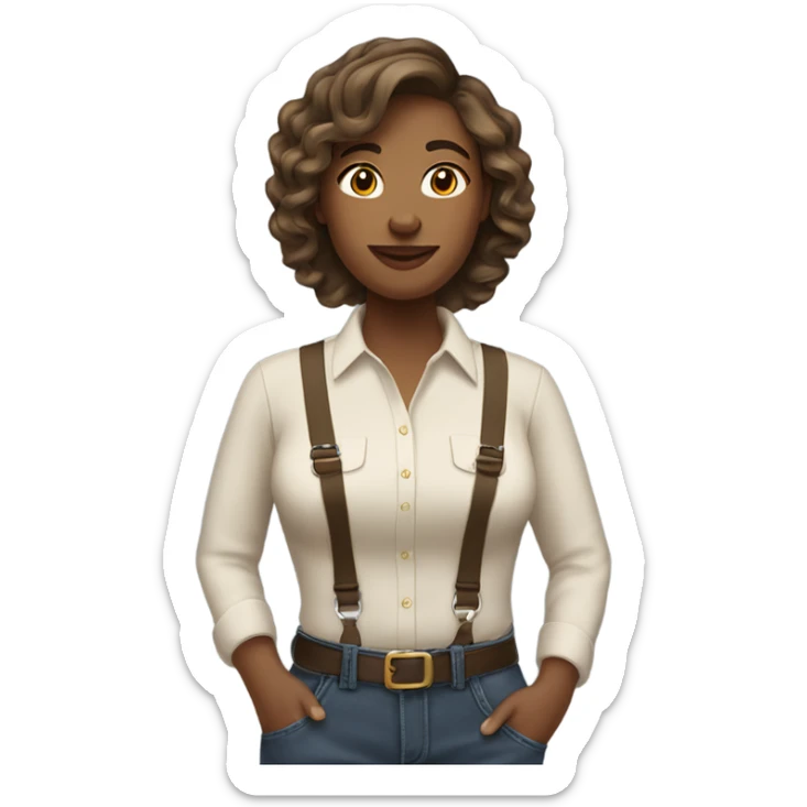 A wheat-toned woman with waist-length hair, brown hair, wavy. Wearing earrings and suspenders. sticker