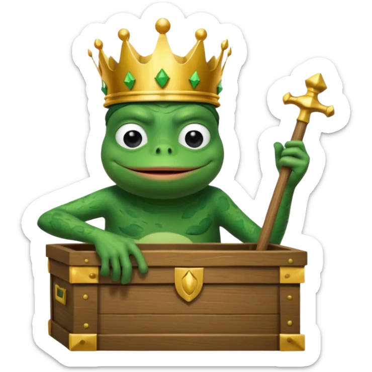 Emoji of an empty wooden coffin with its lid on top, the word ‘ECHO’ carved into the lid. The coffin is shown from the outside. A king-like Pepe the Frog, standing outside the coffin, is hammering nails into the lid to seal it shut. No character is inside the coffin. Not a treasure chest. sticker