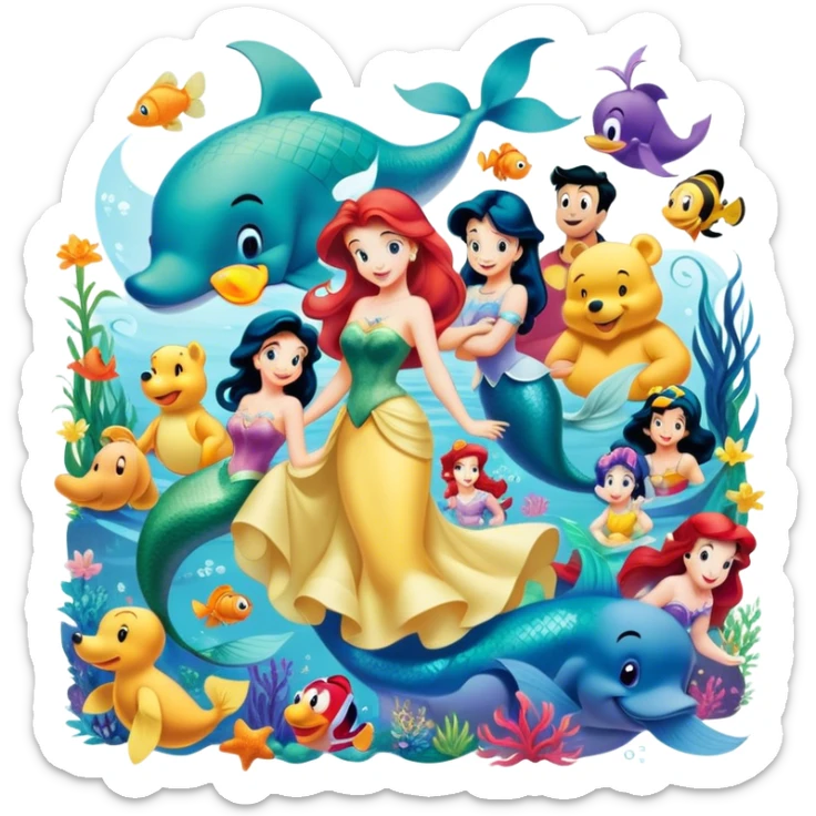Icon for Animated Characters: A colorful, large-scale collage of beloved cartoon characters, including Franco, Mickey Mouse, Winnie-the-Pooh, Ariel the Little Mermaid, Jasmine and others. Bright and vibrant, full of whimsical charm. Transparent background. sticker