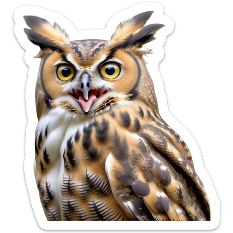 Cinematic Cute Yawning Great Horned Owl Portrait Emoji, Head tilted slightly with a dramatic, wide-open yawn, showcasing a soft, downy mottled plumage with gently drooping feathers, round golden eyes barely open in drowsy contentment, Simplified yet irresistibly adorable features, highly detailed, glowing with a soft, cozy glow, high shine, relaxed yet expressive, stylized with a touch of nocturnal whimsy, bright and endearing, soft glowing outline, capturing the essence of a sleepy yet affectionate owl, so drowsy it feels like it could glide out of the screen and curl up for a nap! sticker