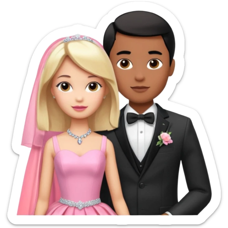 pretty light blonde girl barbie wedding to boy nerd with short black hair and dark tan skin on the cheek sticker