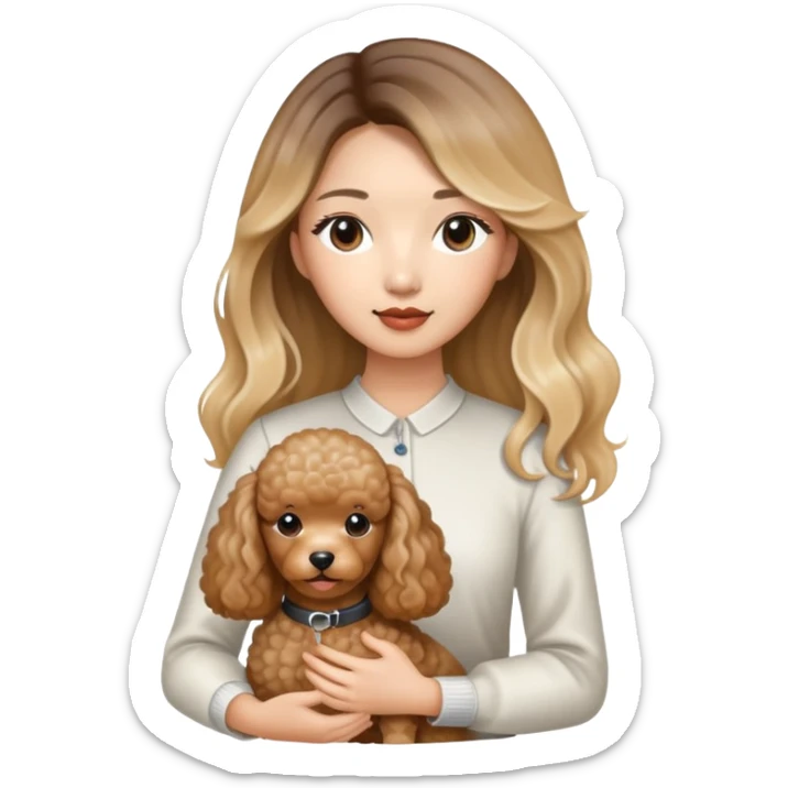 a asian lady with long balayage hair with blonde highlight, holding a brown poodle sticker