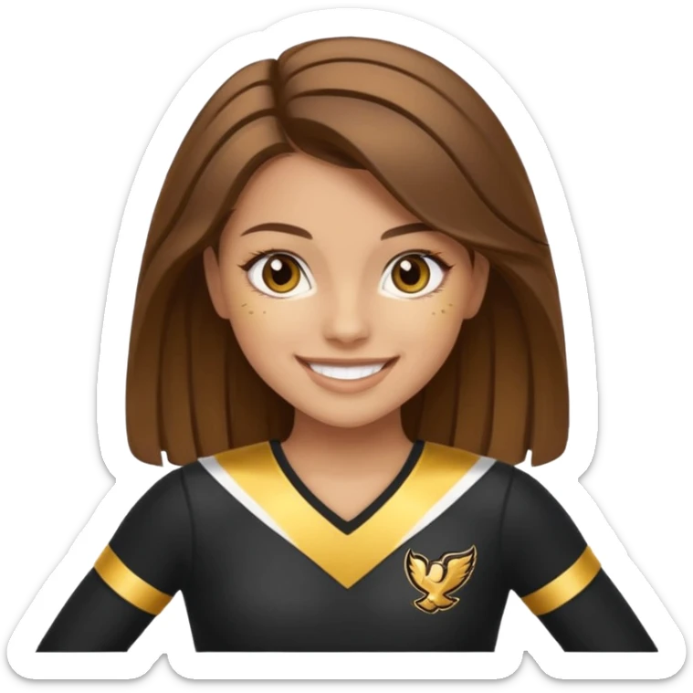 Cheerleader with golden skin tone skin, brown eyes, brown hair and outfit black and gold sticker
