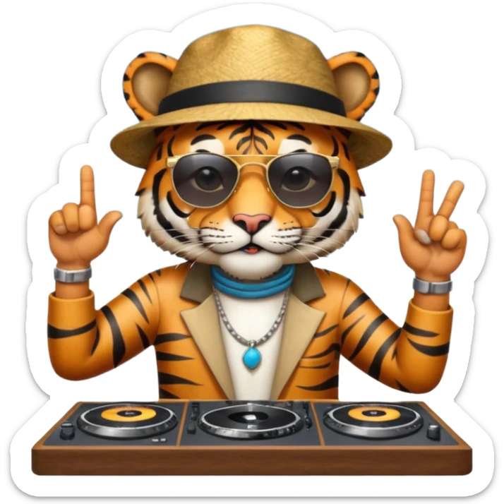 Un tigre con sombrero estilo cubano, una mesa de dj y gafas de sol. Una mano en la mesa de dj y la otra mano señalando al cielo a Dios sticker