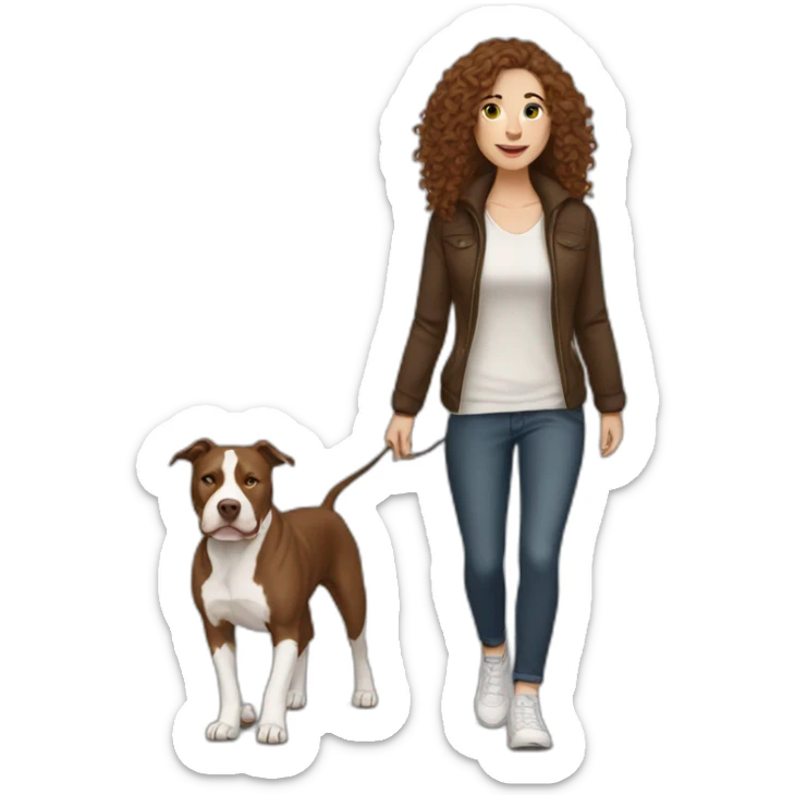 White woman with long curly brown hair walking brown and white pitbull sticker