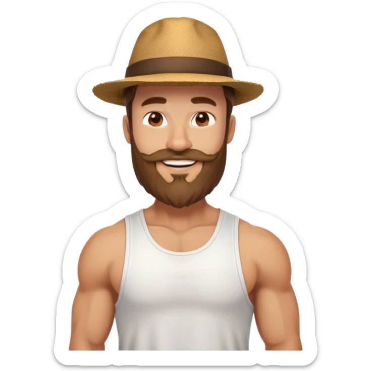 Muscular man with mid-long hair wearing a hat, big beard, smiling, white tank top sticker