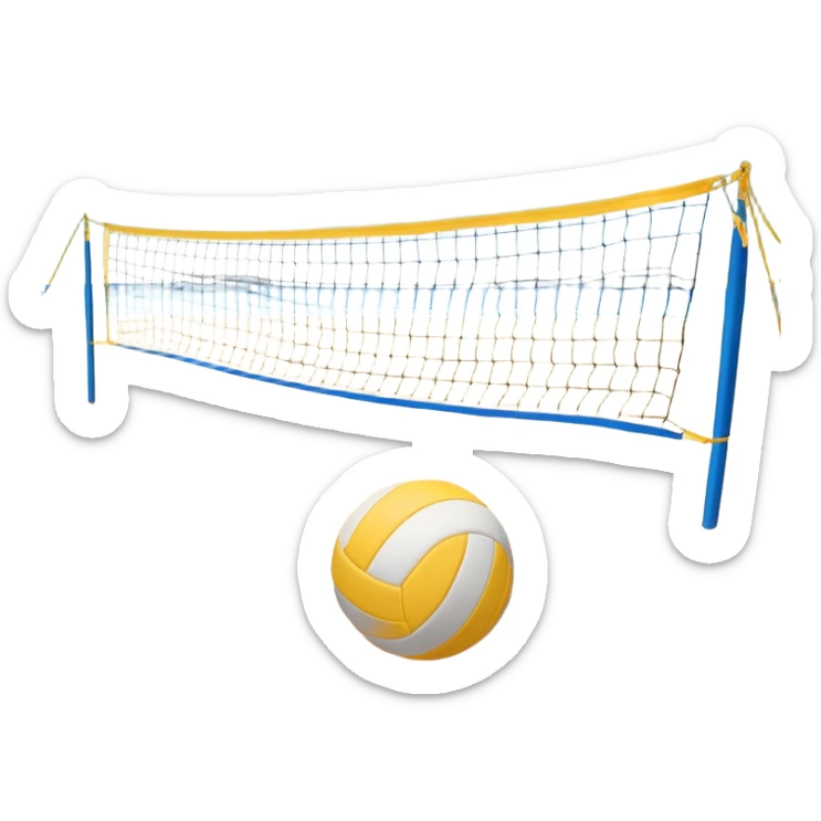 A volleyball resting on the yellow sand on a beach, with the net in the background and a scenic view of the ocean and sky. The scene captures the relaxed yet competitive vibe of beach volleyball, with warm sunlight and the natural beauty of the beach. sticker