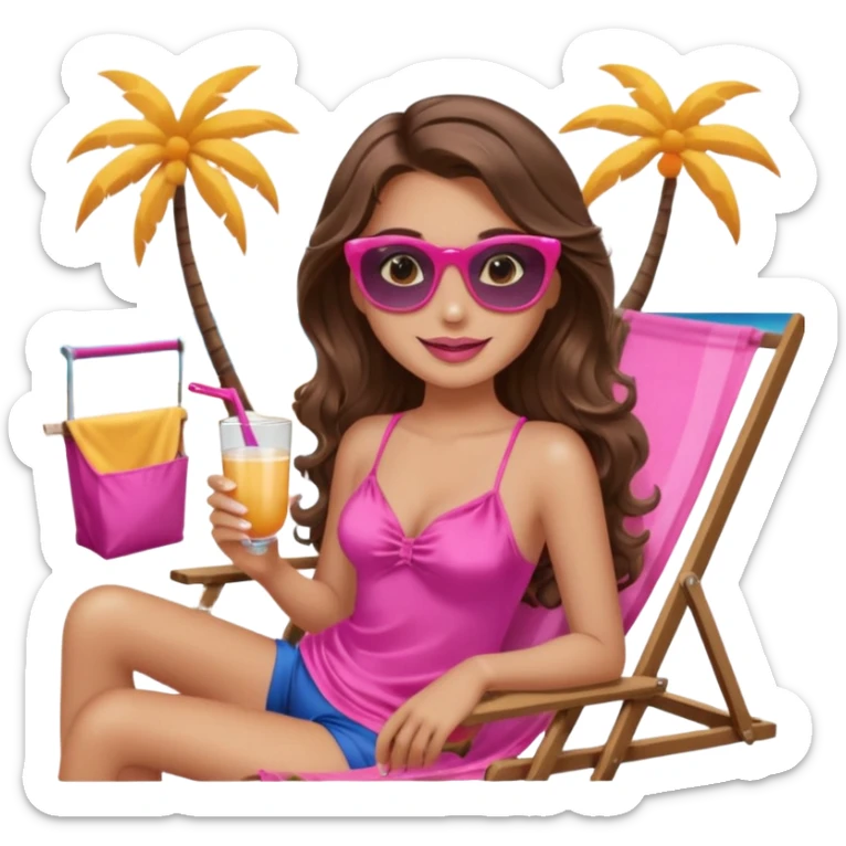 girl with long wavy brown hair, brown eyes, long lashes makeup, sexy pink lips, smiling, light to medium complexion, wearing a pink sexy silk top, relaxing in a beach chair  sticker