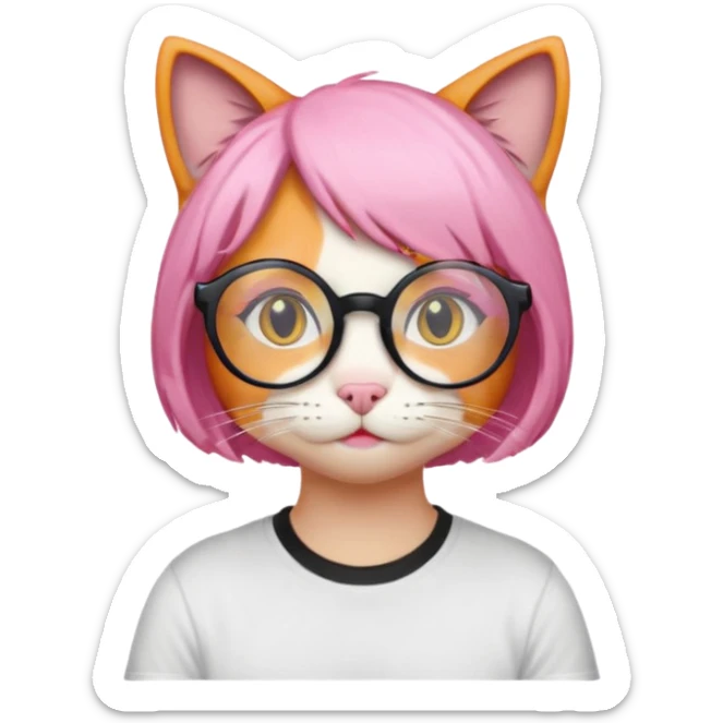 Orange Yellow cat wearing a little pink hair wig, black circle glasses, white T-shirt sticker