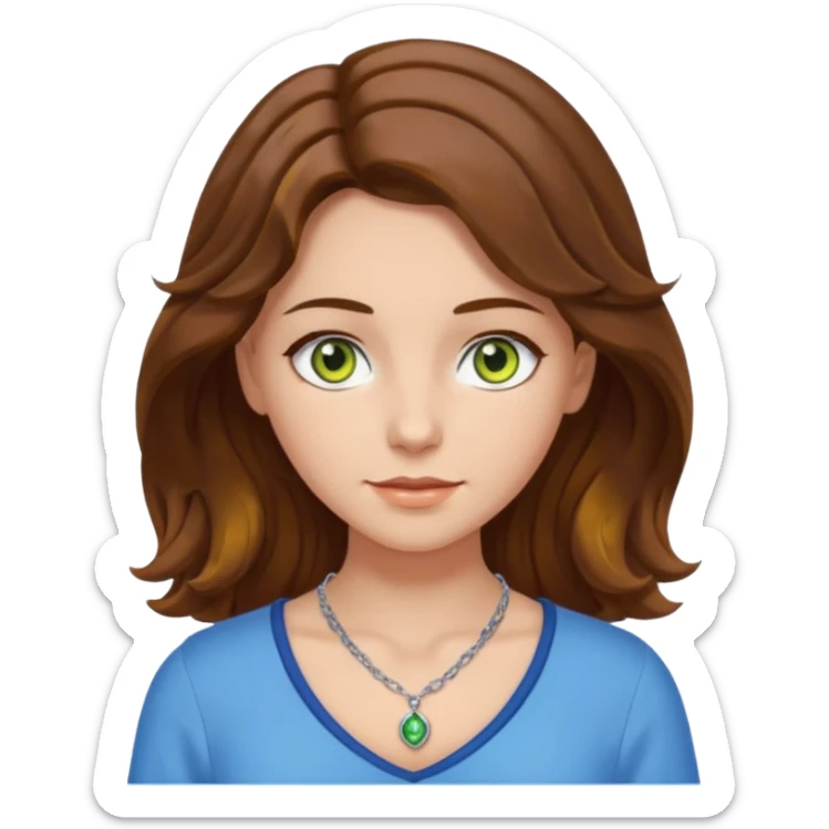 girl with brown, wave, middle hair, green- yellow eyes in white top with blue blouse and selver necklace sticker