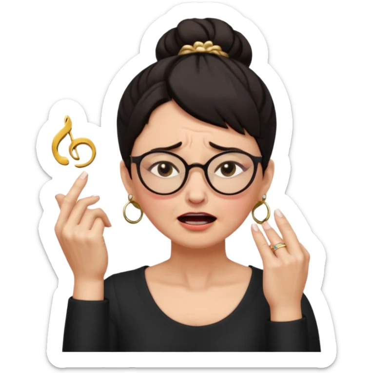  middle aged woman with dark hair pulled up in a high bun, wearing round ring earrings and glasses with a very painful expression on her face, eyes squeeed shut, wincing in pain, sticking her fingers in her ears trying to not hear a terrible singer who is too loud and out of tune.  sticker