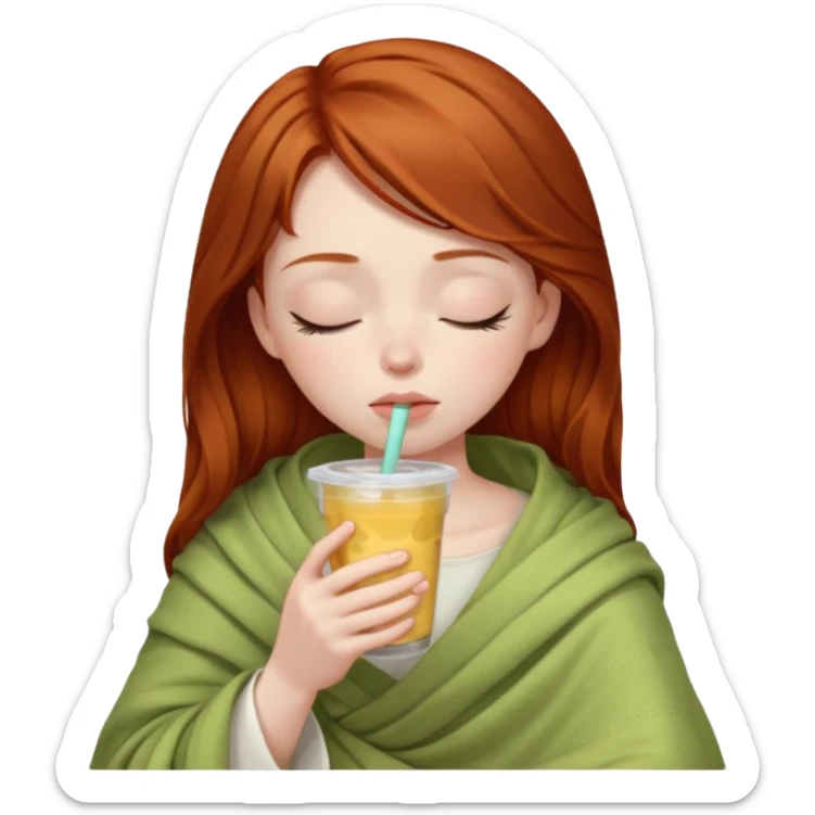 dark ginger haired girl with pale skin, wrapped in a blanket, sipping boba, eyes closed sticker
