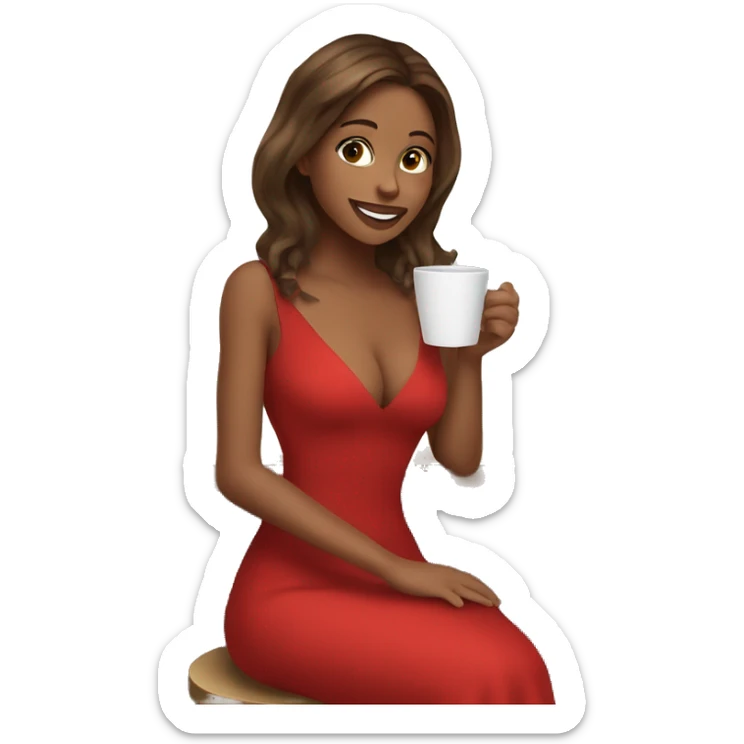 Girl with brunette hair and highlights sipping on coffee in a low cut red dress  sticker