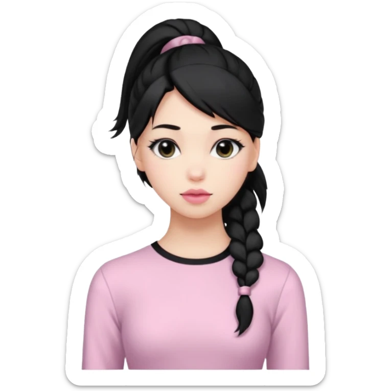 a woman with long sleeve dress top, her hair is long black pony tail, her face is soft girl style, her eyes color are black and the color of her lip is soft pink sticker