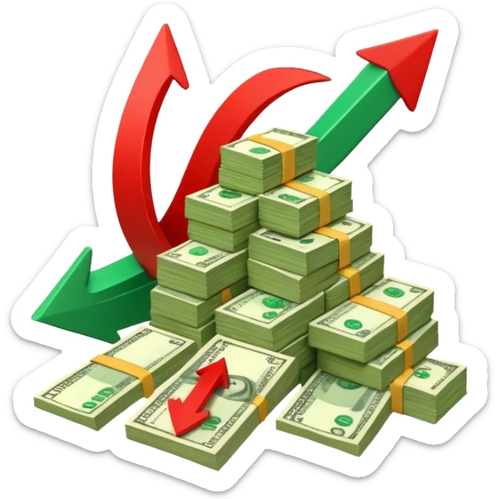 a pile of money infront of strategy paper with red arrow up sticker