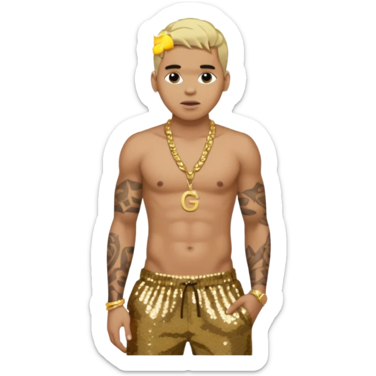 Chris Brown with blonde hair, dark brown sequin baggy pants, shirtless with necklace sticker