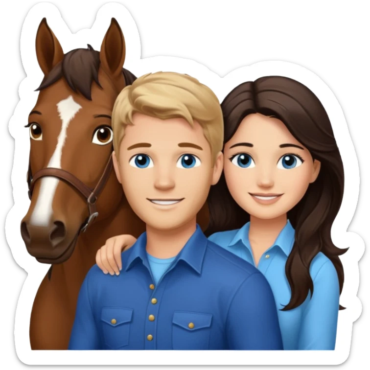 Smiling blue eyed trevor donovan with smiling brown-eyed danica mckellan and one brown horse sticker