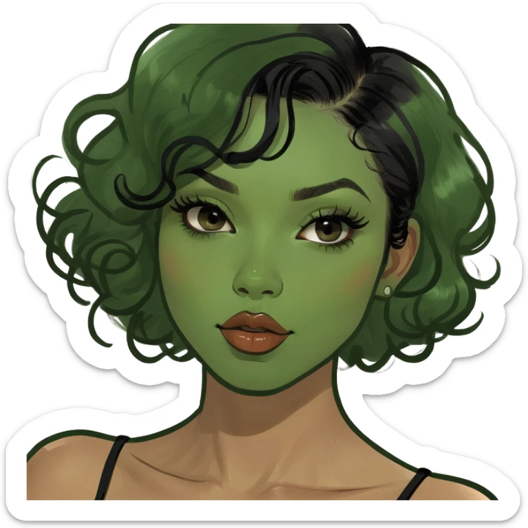 Glamourous, light brown skin tone, very beautiful woman, with big plump lips, long long lashes, black curly smooth short hair, brown eyes sticker