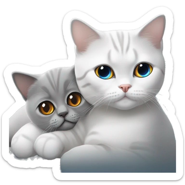 Grey British shorthair with amber eyes cuddling a white British shorthair with grey ears and blue eyes sticker