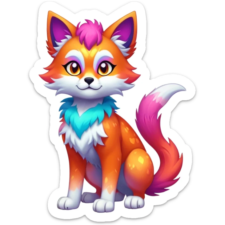 Vibrant multicolored neon-colored Falvie-Fionbri-creature-sparkle-feline-canine-hybrid-fursona, full body sticker