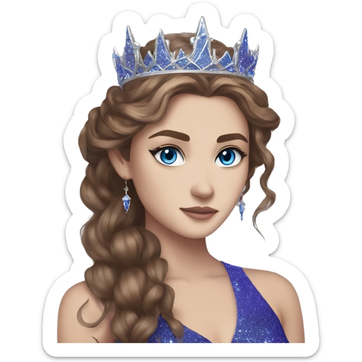 Feyre has brown hair with bright blue eyes and a silver crown on top of her head. She wears a purple blue glitter dress  sticker
