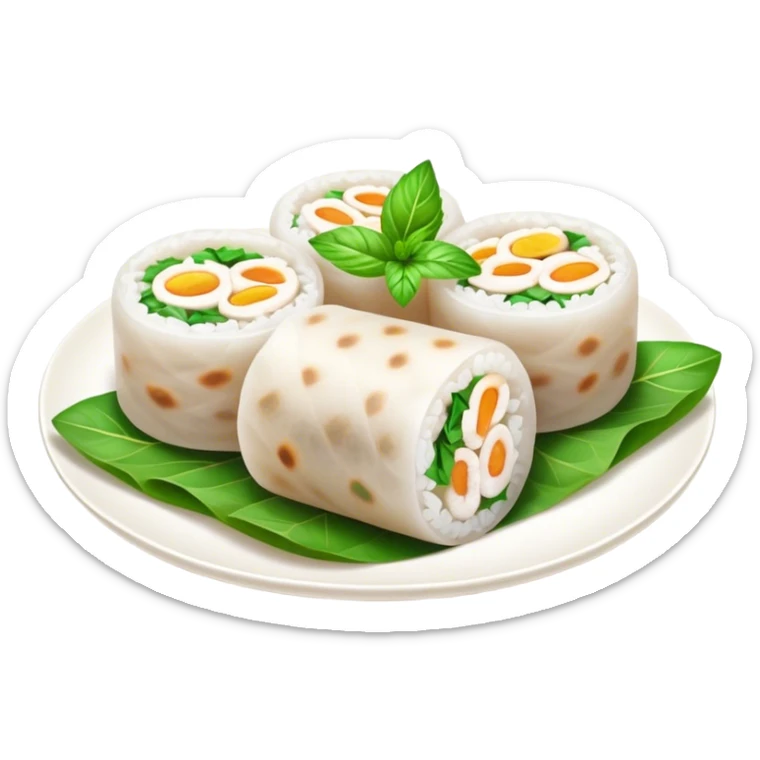 Bánh Cuốn Cinematic Realistic Bánh Cuốn Dish Emoji, depicted as delicate steamed rice rolls garnished with chopped mint on top, rendered with lifelike textures and fresh, vibrant lighting. sticker