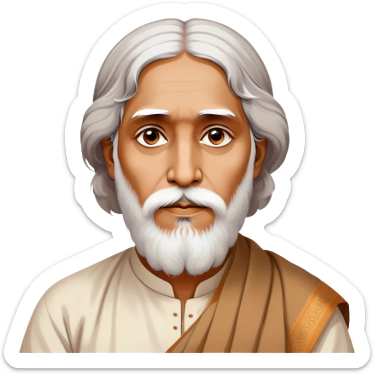 Rabindranath Tagore – Cinematic Realistic Portrait of Rabindranath Tagore, depicted with thoughtful, soulful eyes and gentle features, dressed in traditional Bengali attire with subtle artistic motifs, bathed in warm, soft lighting that evokes his poetic genius and timeless wisdom. sticker