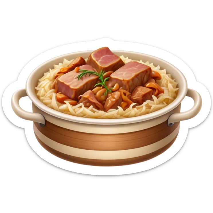 Cinematic Realistic Bigos Dish Emoji, showcasing a hearty stew of sauerkraut and meats rendered with rich textures and dynamic, rustic lighting. sticker