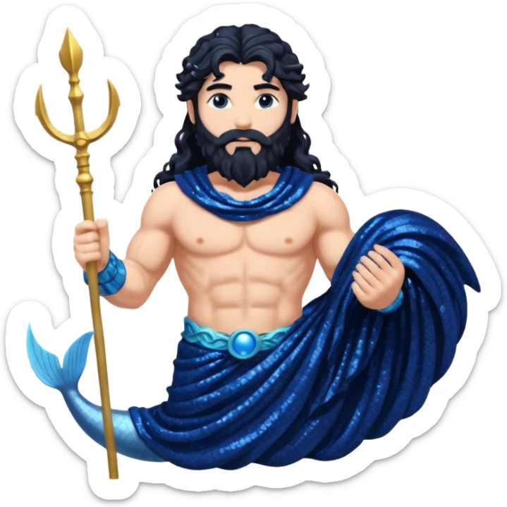Neptune, God of Sea from Roman Deities with long jet black wavy hair and beard, dark blue sequin toga sticker