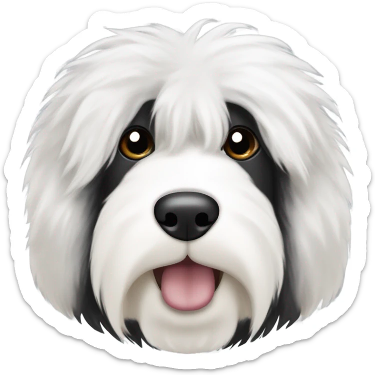 Old English sheepdog face with the right half of his face white and the left half of his face black. White around the mouth and nose. Make him fluffy and both ears are black sticker