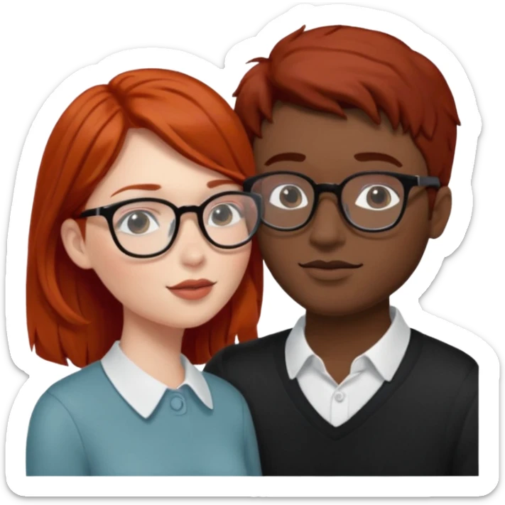 Redhead women in glasses kissing a dark haired man in glasses sticker