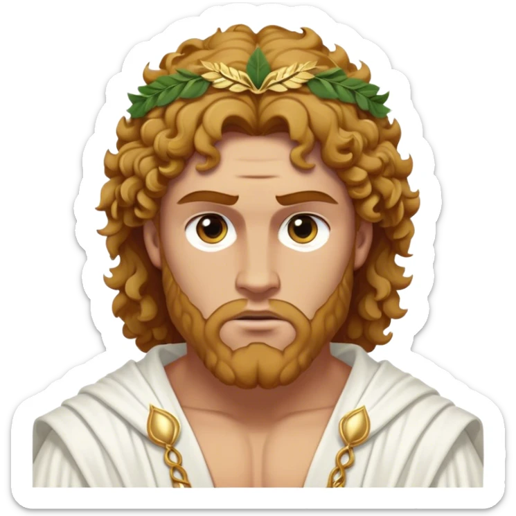 Cinematic Realistic Hercules Portrait, depicted as a classical Greek hero merging the fierce masculinity of Hercules with the refined face of Michelangelo's David. His light tan, chiseled skin glows with timeless strength, and his thick, curly, golden brown hair cascades in natural, sculpted curls reminiscent of a warrior’s mane. Draped in a flowing white robe with delicate golden accents and crowned with a traditional Greek laurel wreath, his intense, determined eyes exude noble might, all rendered under dynamic natural lighting with a mythic, radiant glow. sticker