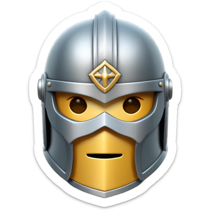 Clash of Clans aesthetic: Cinematic heroic Steel full face Helm Emoji, rendered in a 3D vector-style similar to standard emojis with minimal shading and bold, simplified shapes. A compact, isometric helmet crafted of shining steel with intricate engravings and a protective visor, softly glowing with a noble warrior charm. Simplified yet unmistakably iconic, highly detailed and consistent, glowing with a soft radiant gleam and high polish. Stylized with a touch of chivalric tradition and a soft glowing outline, capturing the essence of a stalwart battle helm with a friendly, playful manner! sticker