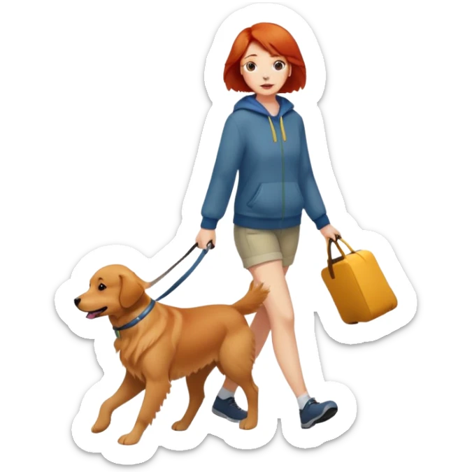 A girl with super short red hair walking a golden retriever sticker