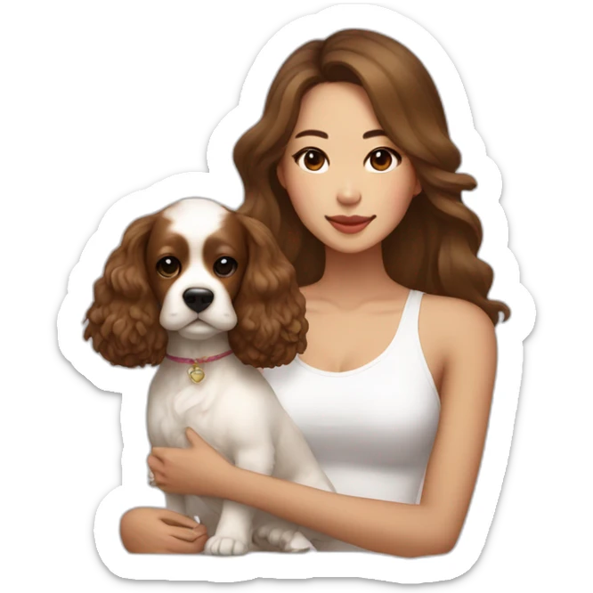 korean woman with long dark brown hair in a white singlet sits with caramel cocker spaniel sticker
