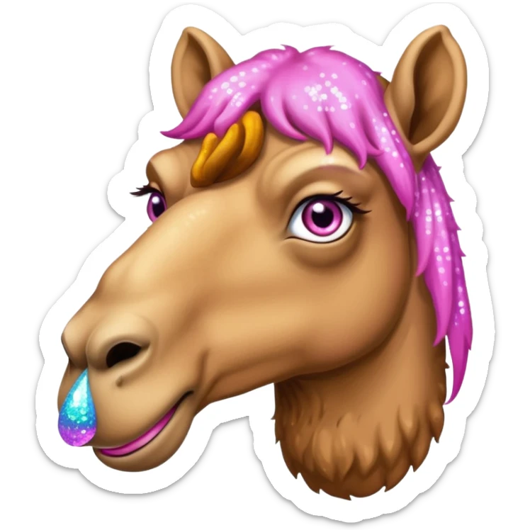 Camel with toes on his hoofs and pink beard that comes out of his chin with sparkle eyes facing forward sticker