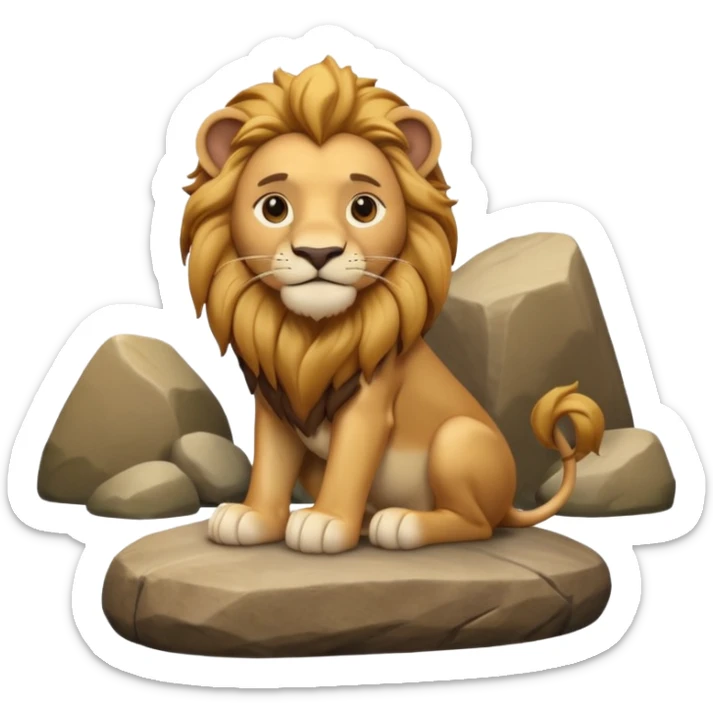 A 3D cartoon lion with a golden mane, sitting proudly on a rock, calm smile, smooth fur, bright warm sunlight, friendly but majestic look, Memoji-style. sticker