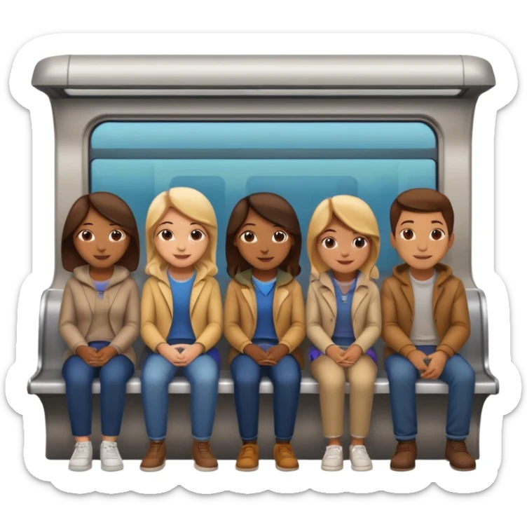 five diverse gender people, smiling and sitting together in a subway car inspired by Apple emoji subway, Apple emoji style sticker