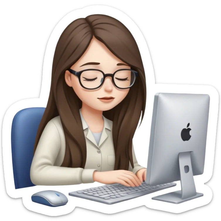 pale brunette girl in glasses with long hair works on computer eyes closed sticker