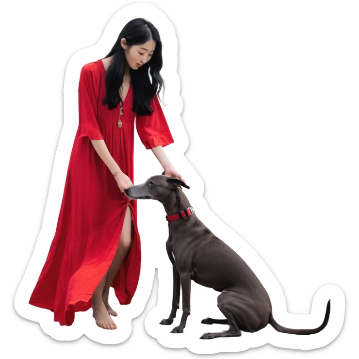 A beautiful 25-year-old Japanese woman with long flowing black hair wearing a stylish red beach dress, gently petting a PURE SOLID DARK GREY whippet with a bright RED COLLAR on a beach at night under a starry sky. The whippet MUST be 100% SOLID DARK GREY with ABSOLUTELY NO WHITE MARKINGS ANYWHERE - specifically NO WHITE on face, NO WHITE on chest, NO WHITE on paws - ENTIRELY ONE CONSISTENT SOLID DARK GREY COLOR throughout. Deep blue night sky filled with bright stars, moonlight reflecting on the ocean, sandy beach in the foreground. sticker
