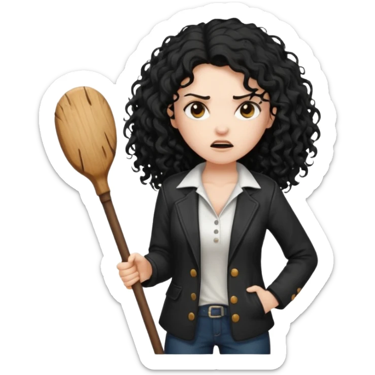 Hey, please generate me an emoji that depicts a woman white skin long black curly disheveled hair slightly thicker, she is wearing a white T-shirt and a black unbuttoned jacket she is furious she is holding a large wodden STICK  sticker