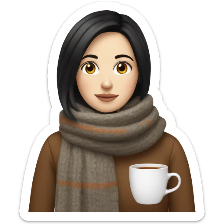 White girl black hair in a sweater and scarf sipping tea  sticker