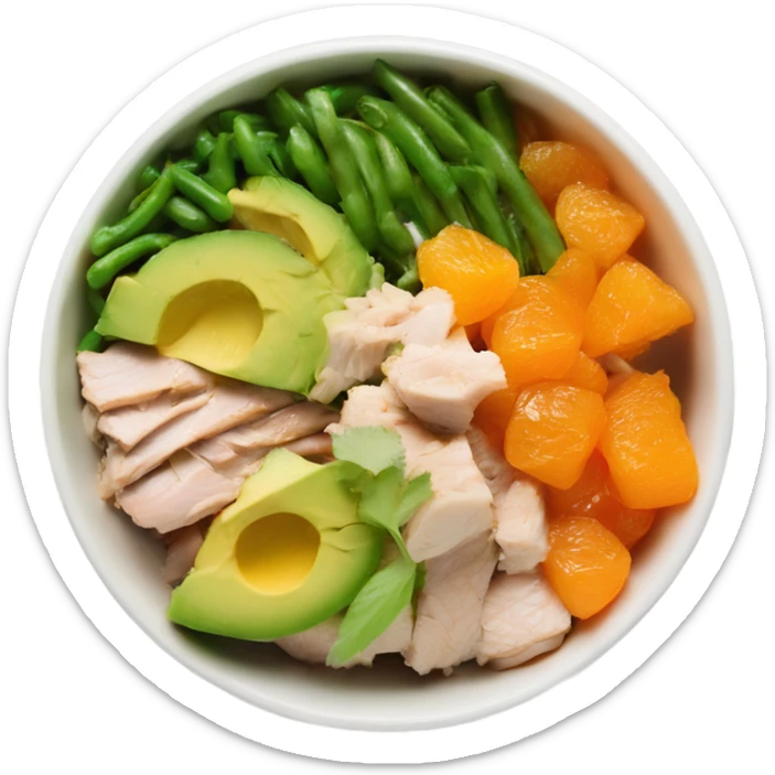 Poke bowl with chicken, diced avocados, mandarins, cut cucumbers and green beans; side view sticker