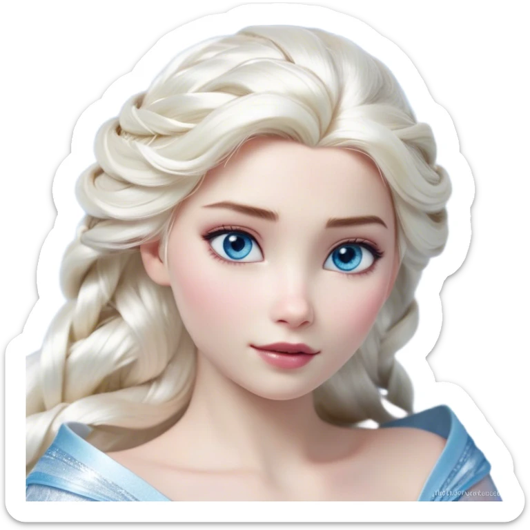 Cinematic Realistic Elsa Portrait, depicted with lifelike skin texture, soft natural lighting, and intricately detailed platinum blonde hair styled elegantly. Her striking, expressive blue eyes exude confidence and grace, complemented by a serene and regal expression. She is dressed in her signature icy attire, with shimmering fabric textures and delicate folds that catch the light beautifully. The portrait features a soft, enchanting glow with a cool, radiant finish, capturing the essence of timeless elegance in a realistic and painterly style, evoking a sense of depth and authenticity. sticker