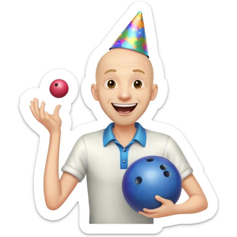 Bald skinny tall ugly happy Mr (not) incredible head at bowling disco party smiling so happy and much that his his mouth is open sticker