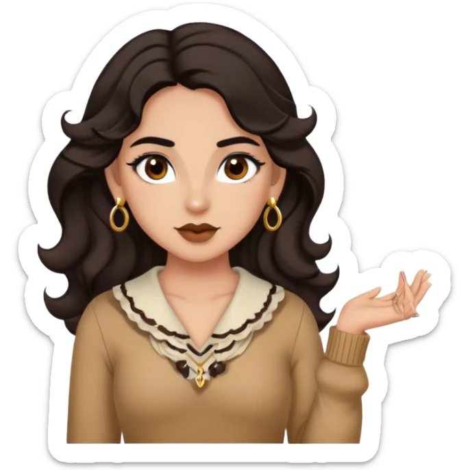 Girl with wavy hair dark chocolate hair, black eyebrows, brown doe eyes, earrings slim and with a cute outfit sticker