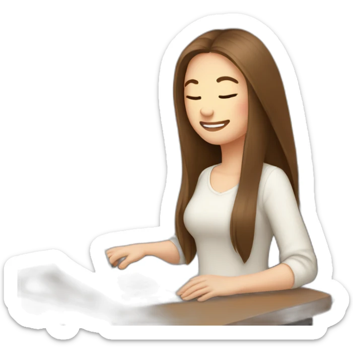 smiling woman pale skin middle brown long straight hair with a closed laptop and a coffee mug wearing a white woolly shirt having her eyes closed sticker