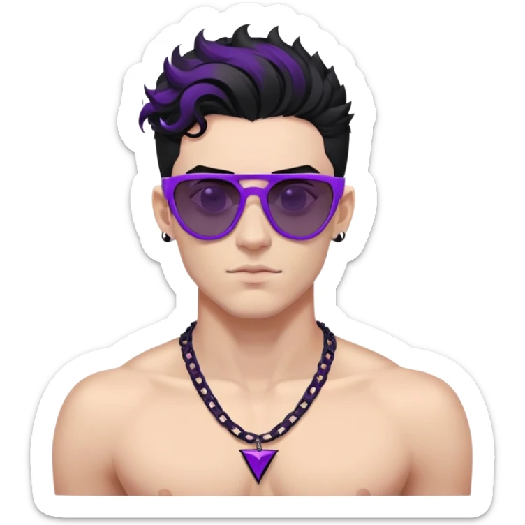 shirtless male athlete with white skin and moderately curly black hair on top with shaved sides, wearing sharp angular geometric purple sunglasses with very dark heavily tinted black lenses, and a simple plain black chain necklace, no earrings sticker