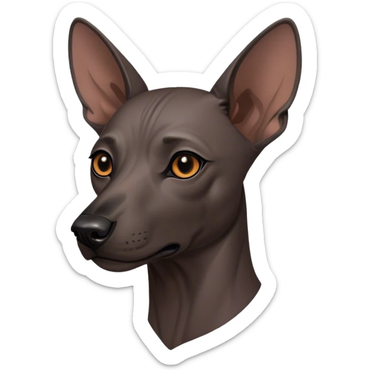 Cinematic Noble Xoloitzcuintle dog Portrait Emoji, Poised and regal, with a sleek, muscular build and smooth, hairless ebony skin accented by subtle wrinkles, deep-set soulful dark eyes, Simplified yet sharp and sophisticated features, highly detailed, glowing with a soft, dignified glow, high shine, intelligent and loyal, stylized with an air of ancient grace, focused and attentive, soft glowing outline, capturing the essence of a watchful and confident guardian, so majestic it feels as though it could stride out of the screen with effortless authority! sticker