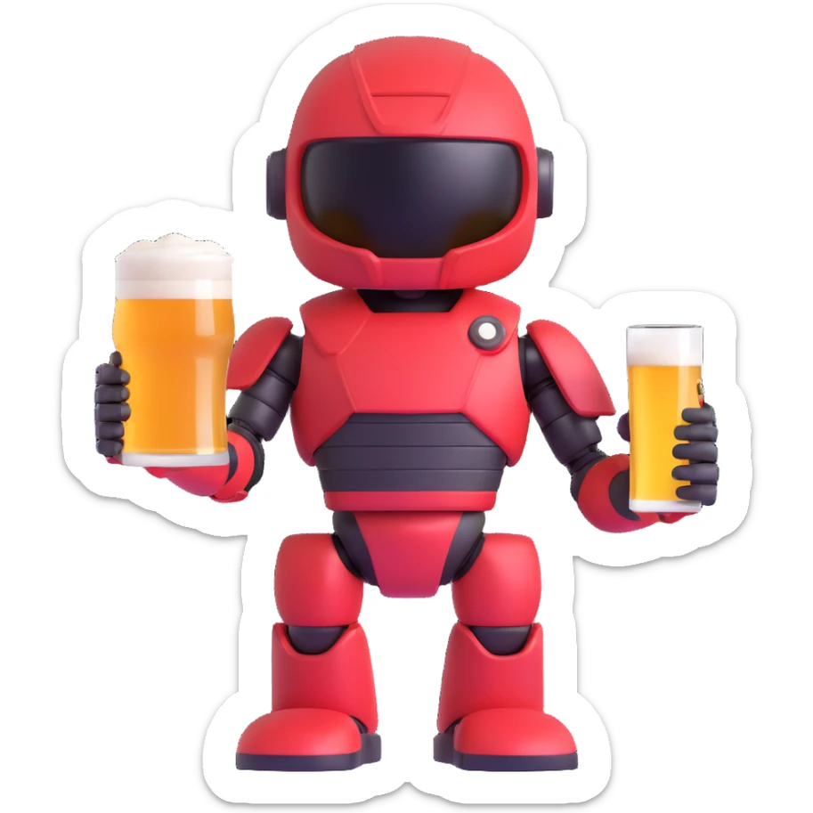 Sector from Mortal Kombat, detailed red-armored ninja robot, holding a glass of beer, fun and casual, vibrant colors sticker